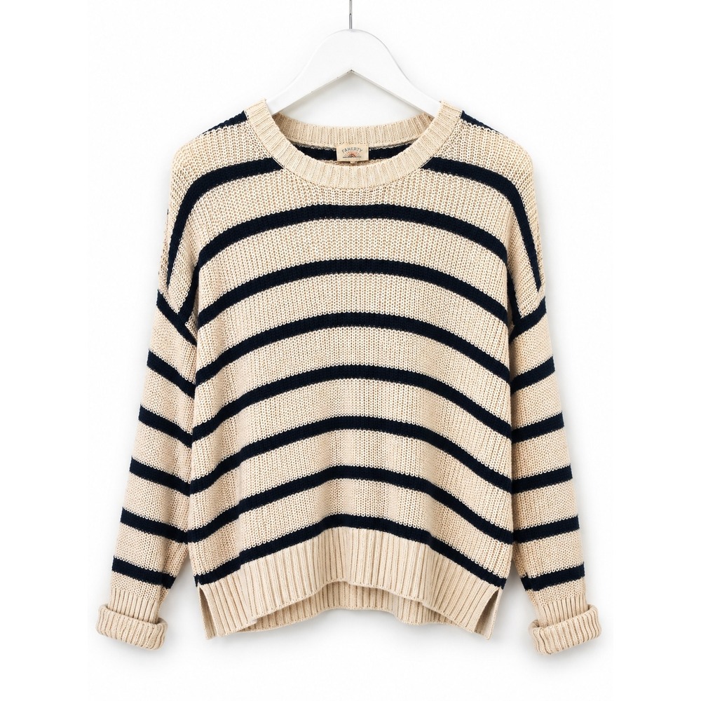 Faherty Womens Linen Organic Cotton Striped Crewneck Sweater Cream Navy Size M